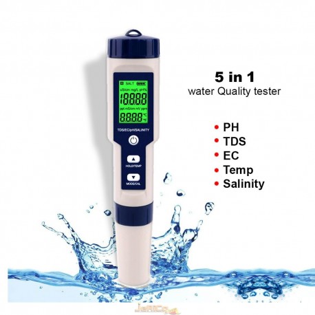 5 in 1 TDS/EC/PH/Salinity/Temperature Meter Digital Water Quality Monitor Tester